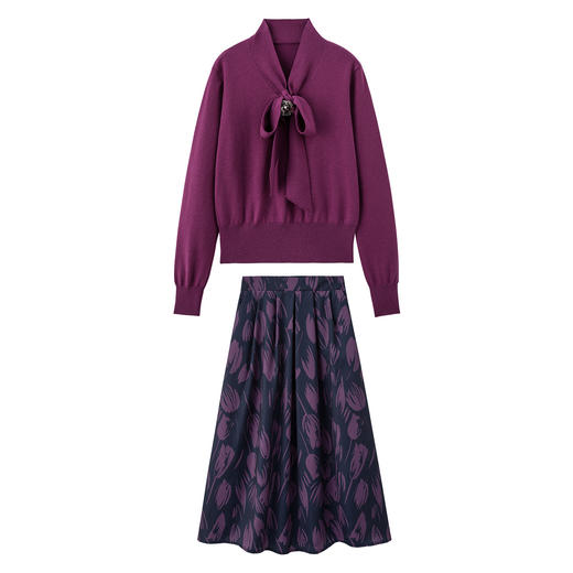 SH088-0825时尚套装2025秋新款女减龄洋气胡蝶结针织衫+半裙两件套裙 商品图4