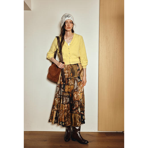 OLrain欧芮儿2025新款女秋季通勤黄色波浪花边V领绞花毛织开衫 商品图1