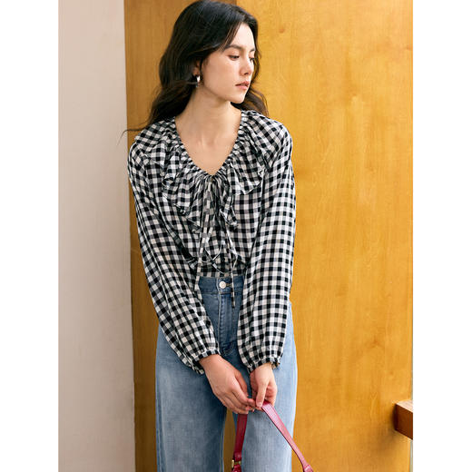 HeyDress格纹长袖抽褶衬衫 商品图3
