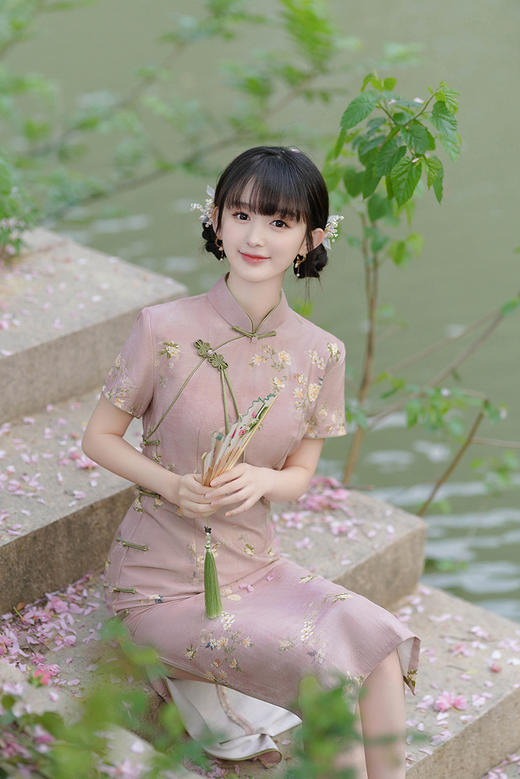 改良日常优雅小个子，小清新年轻款粉色旗袍GSJ3358 商品图4