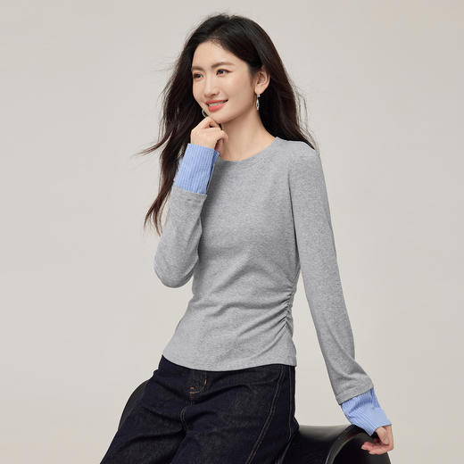【08/27新品】熙世界灰色拼接长袖T恤女2025秋季新款修身显瘦假两件打底衫上衣 商品图3