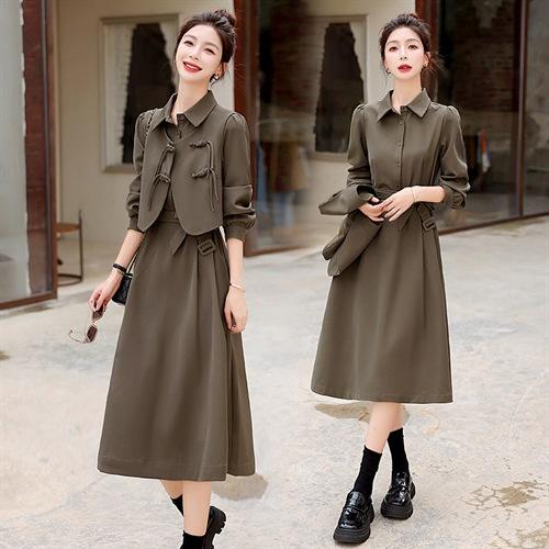 秋季新款复古盘扣两料扣马甲衬衣领气质两件套套裙YWY8905 商品图1