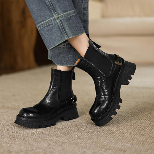 阿么手工女鞋休闲厚底切尔西靴2025新款皮带扣秋冬圆头短靴5.5CM 商品图4