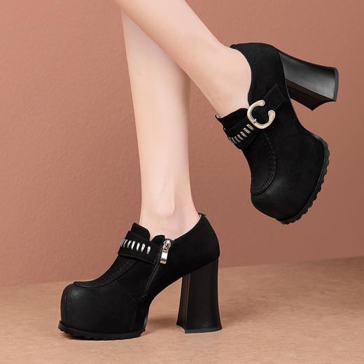10CM超高跟单鞋女真皮粗跟厚底新款小个子百搭复古风显高单鞋 商品图0