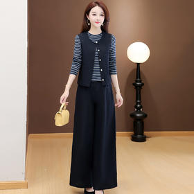 QYM 25XY501-Y三件套条纹打底衫+马甲+长款直筒裤套装