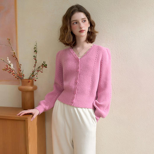 法式V领镂空花边针织衫女秋季多巴胺玫粉韩系显瘦毛衣开衫V3051188 商品图0