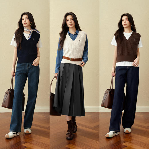 【严选】诗凡黎全羊毛绞花针织马甲背心2025秋新款软糯百搭无袖刺绣上衣女7G8132021 商品图1