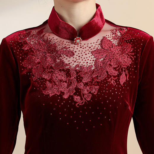 QYM YY2310 -Y时尚金丝绒旗袍连衣裙镶钻气质优雅A字裙 商品图3