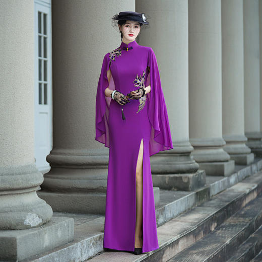 NL10-28夏季新款弹力免烫飘逸凤尾花改良单开叉长款旗袍走秀舞台演出服 商品图0