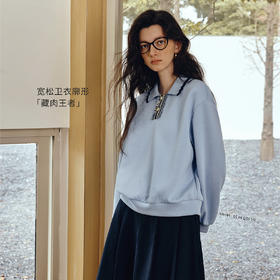OLrain欧芮儿2025新款女秋季时尚通勤设计感polo领蓝色套头卫衣