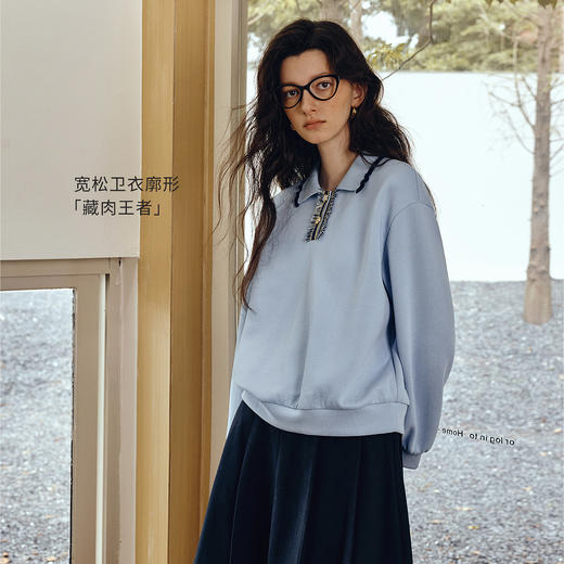 OLrain欧芮儿2025新款女秋季时尚通勤设计感polo领蓝色套头卫衣 商品图0
