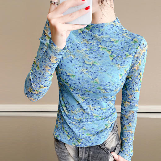 KQL A55F8573时尚洋气高弹网长袖印花半高领打底衫T恤 商品图2