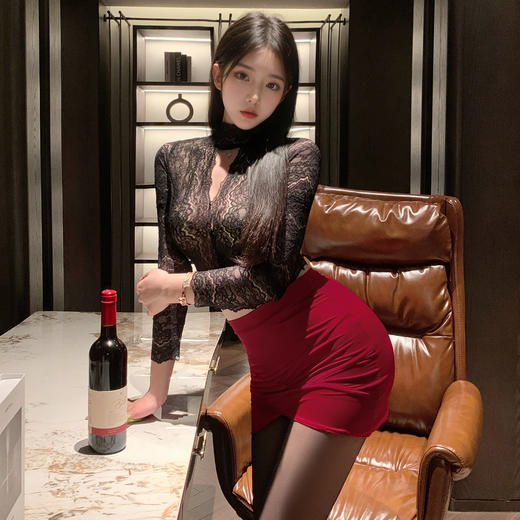 霏慕 娇柔秘书蕾丝透身套装6109  包臀短裙性感夫妻刺激制服性感睡衣 商品图10