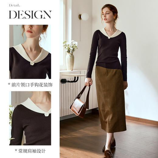 OLrain欧芮儿V领拼色毛针织套头衫女秋季2025年新款纯欲长袖上衣 商品图1