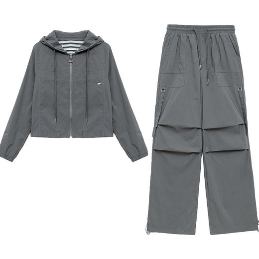 QYM 58C258503-Y时尚三件套条纹背心+连帽短款外套+高腰直筒长裤休闲装 商品图4