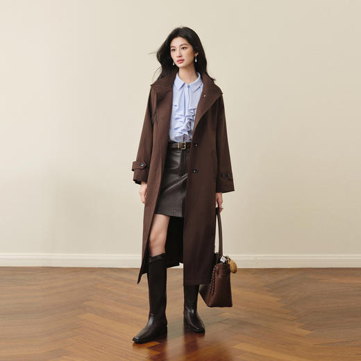 【严选】诗凡黎英伦风棕色立领系带风衣2025秋新款长款酷飒宽松通勤外套女7G7160271-1 商品图1
