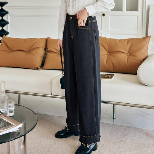 OLrain欧芮儿蓝色高腰复古直筒阔腿牛仔裤2025新款女秋季显示长裤 商品图3