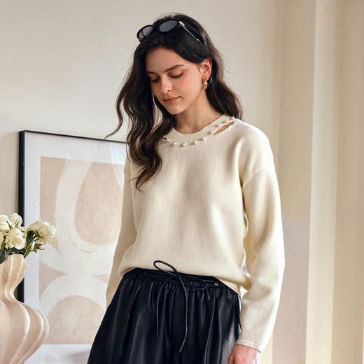 OLrain欧芮儿2025新款秋季法式镂空圆领宽松套头毛衣羊毛衫上衣女 商品图3