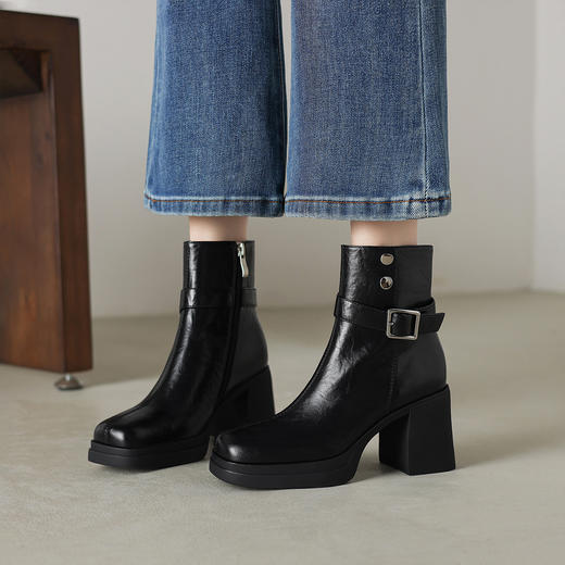 阿么手工女鞋小个子增高短靴7.5CM防水台新款真皮复古时装靴高跟 商品图1