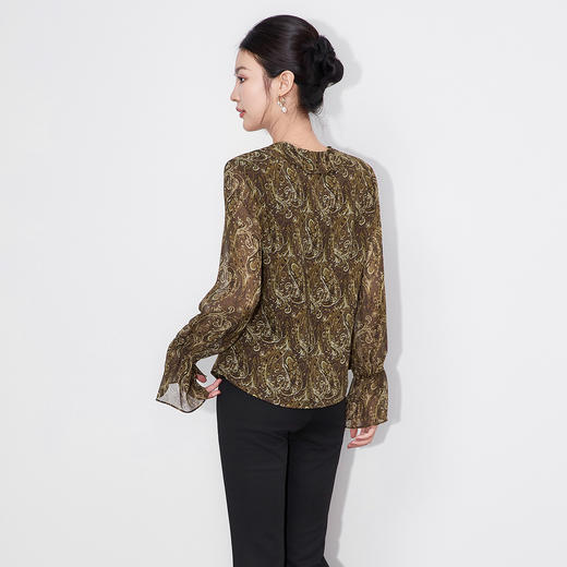 「高货wl」全新升级【铂金会员266/天猫359/差价93】(04506)洛诗琳复古氛围感印花上衣2025秋季荷叶边V领雪纺衬衫女 商品图1