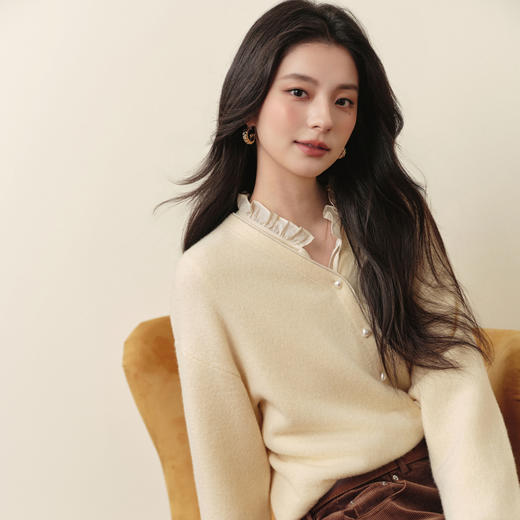 【严选】诗凡黎绵羊毛绞花针织开衫2025秋新款老钱风软糯休闲百搭毛衣外套7G8132031 商品图2