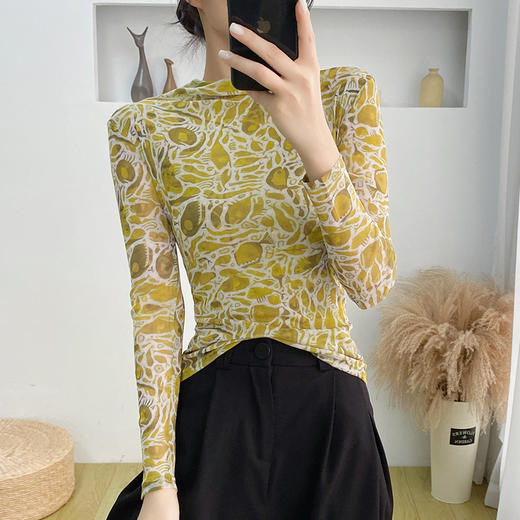 KQL A55F8568时尚洋气高弹网长袖印花高领打底衫T恤上衣 商品图2