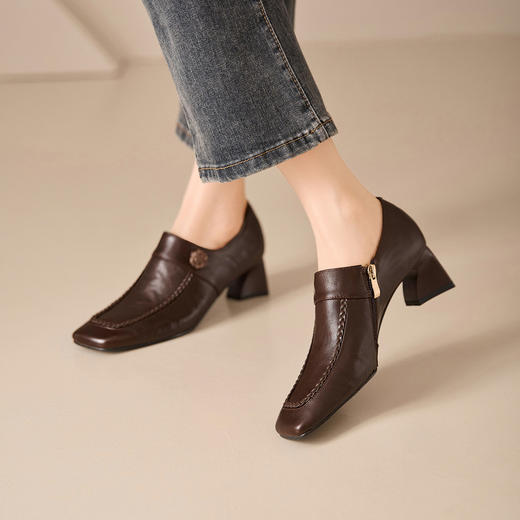 【预售5天】羊皮粗跟单鞋女秋新款真皮复古百搭高跟方头深口软皮时尚女鞋MBJR&6967 商品图2