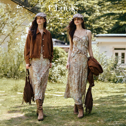 OLrain欧芮儿波西米亚风荷叶吊带连衣裙女秋2025年美拉德无袖长裙 商品图2