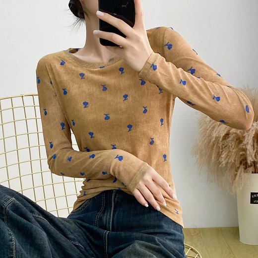 KQL A55F8566时尚纱网印花长袖圆领T恤修身显瘦打底衫上衣 商品图2