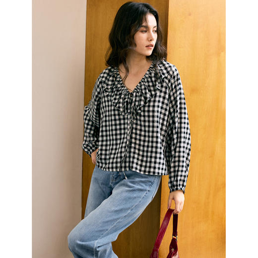 HeyDress格纹长袖抽褶衬衫 商品图1