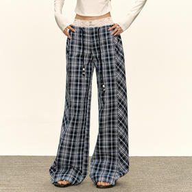 Ariseism 美式复古格子休闲裤蕾丝短裤女秋季新款长裤子