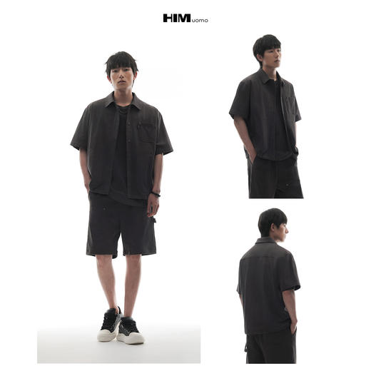 HIM漢崇 时尚简约工装多袋设计舒适宽松短袖休闲衬衫男 2026春季 商品图3