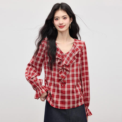 【08/27新品】熙世界复古红色格纹衬衫女长袖2025秋季新款设计感小众荷叶领上衣 商品图1
