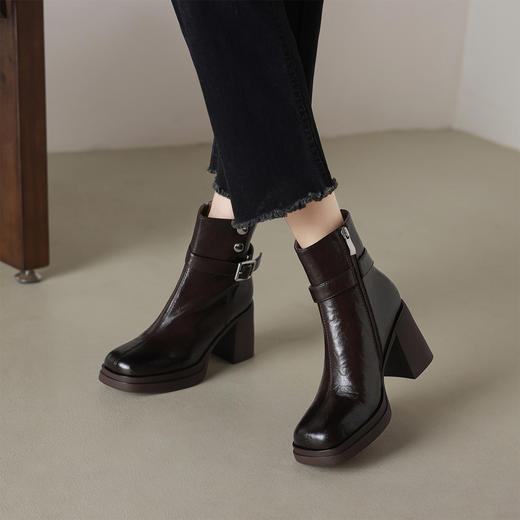 阿么手工女鞋小个子增高短靴7.5CM防水台新款真皮复古时装靴高跟 商品图4