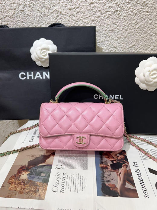 Chanel cf 23p mini 手柄 羊皮 粉拼绿 链条包 商品图0