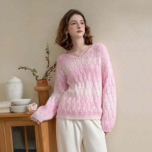 甜美氛围感晕染渐变圆领毛衣女秋季宽松显瘦套头针织衫上衣V2651166 商品图4