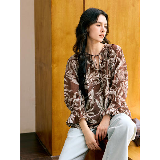 HeyDress树叶印花灯笼袖衬衫 商品图0