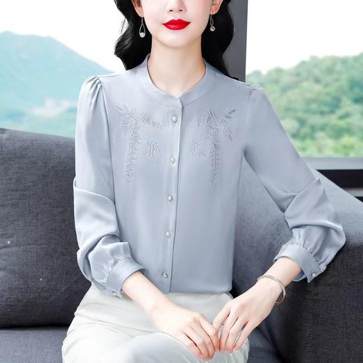中国风真丝衬衫女妈妈装2025春秋刺绣立领杭州桑蚕丝缎面长袖上衣 商品图1
