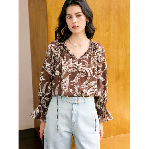 HeyDress树叶印花灯笼袖衬衫 商品图2