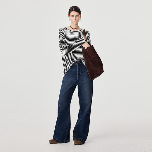 366605062-慵懒黑白条纹长袖针织衫女25秋新品60s羊毛针织上衣落肩宽松 商品图4