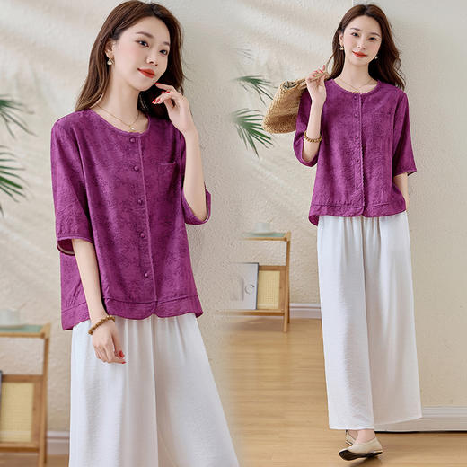 刺绣高级感复古，天丝棉麻短袖两件套HR-MY2608 商品图1