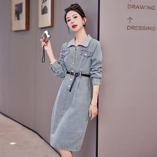 牛仔长袖拼接连衣裙polo领假两件~休闲简约通勤显瘦YLFS8882 商品图4