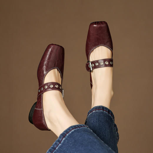 【预售5天】头层羊皮铆钉皮带扣玛丽珍鞋秋粗低跟芭蕾方头真皮单鞋女NGMZR&72-176 商品图2