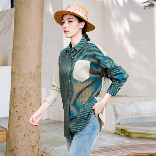 谜底拼接式衬衫长袖女2025秋新款复古风大廓形中长衬衣257MC7815 商品图1