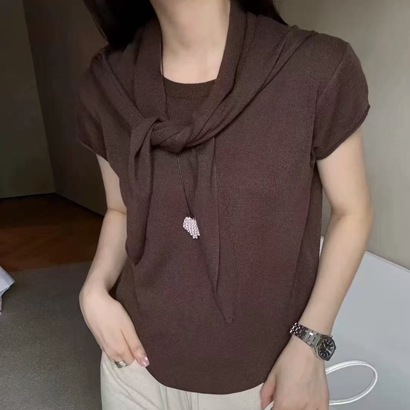 老钱风披肩短袖T恤早秋款套头正肩休闲显瘦上衣   YX-113835