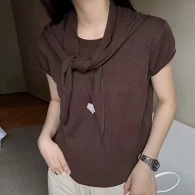老钱风披肩短袖T恤早秋款套头正肩休闲显瘦上衣   YX-113835
