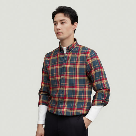 【全棉】罗蒙秋冬格子长袖衬衫男士加厚柔软亲肤职业装通勤百搭男士长袖衬衣 商品图1