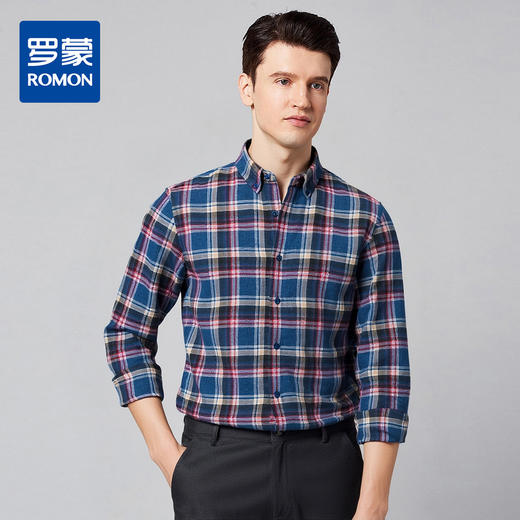 【全棉】罗蒙秋冬格子长袖衬衫男士加厚柔软亲肤职业装通勤百搭男士长袖衬衣 商品图0