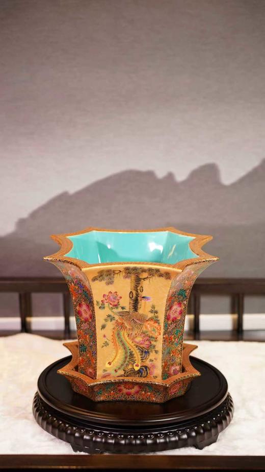 重工金丝珐琅八方花鸟花盆 商品图0