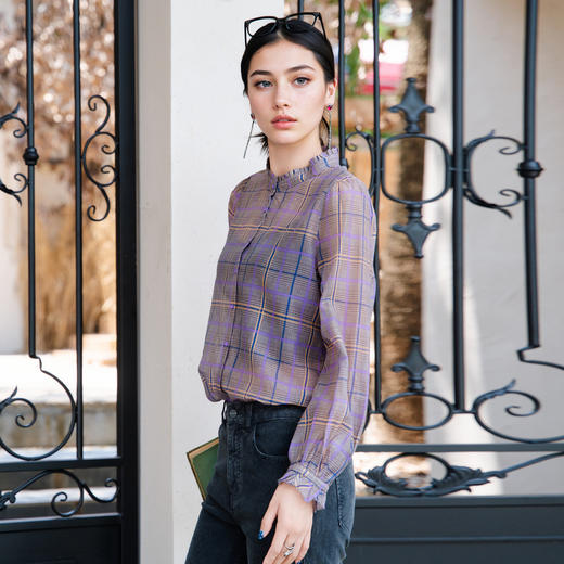 谜底格纹衬衫长袖女2025秋季新款复古通勤亲肤舒适衬衣257MC7848 商品图1
